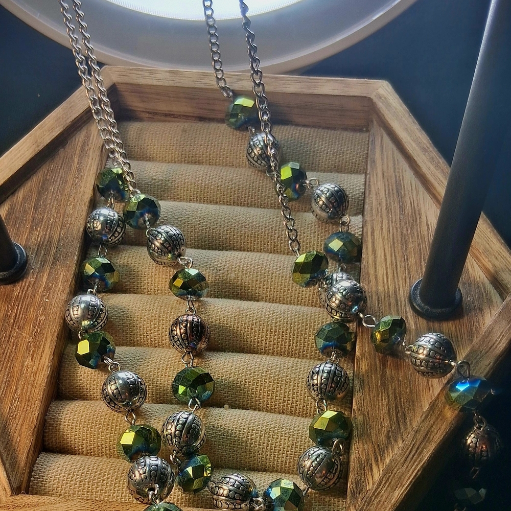 Silver-Tone and Green Faceted Bead Necklace